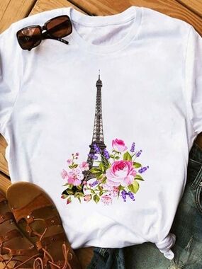 Women's White Eiffel Tower Floral Graphic Tee